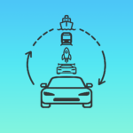 app icon car with a boat, train, sports car, and rocket above a car with arrows circling around them